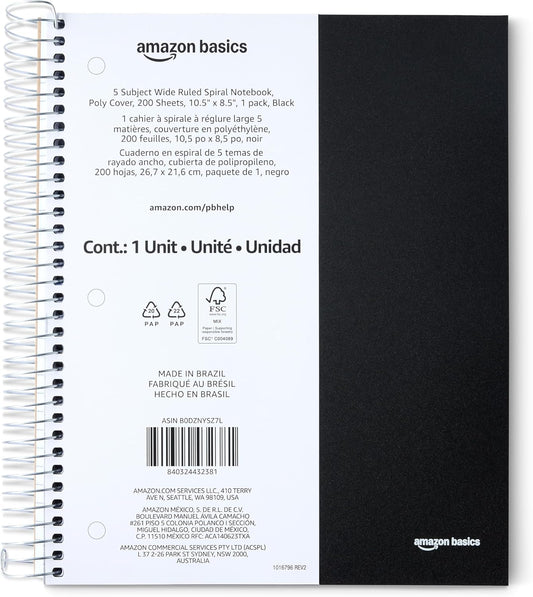 Amazon Basics 5 Subject Wide Ruled Spiral Notebook, Poly Cover, 200 Sheets, 8.5" x 10-1/2", Black, 1 pack