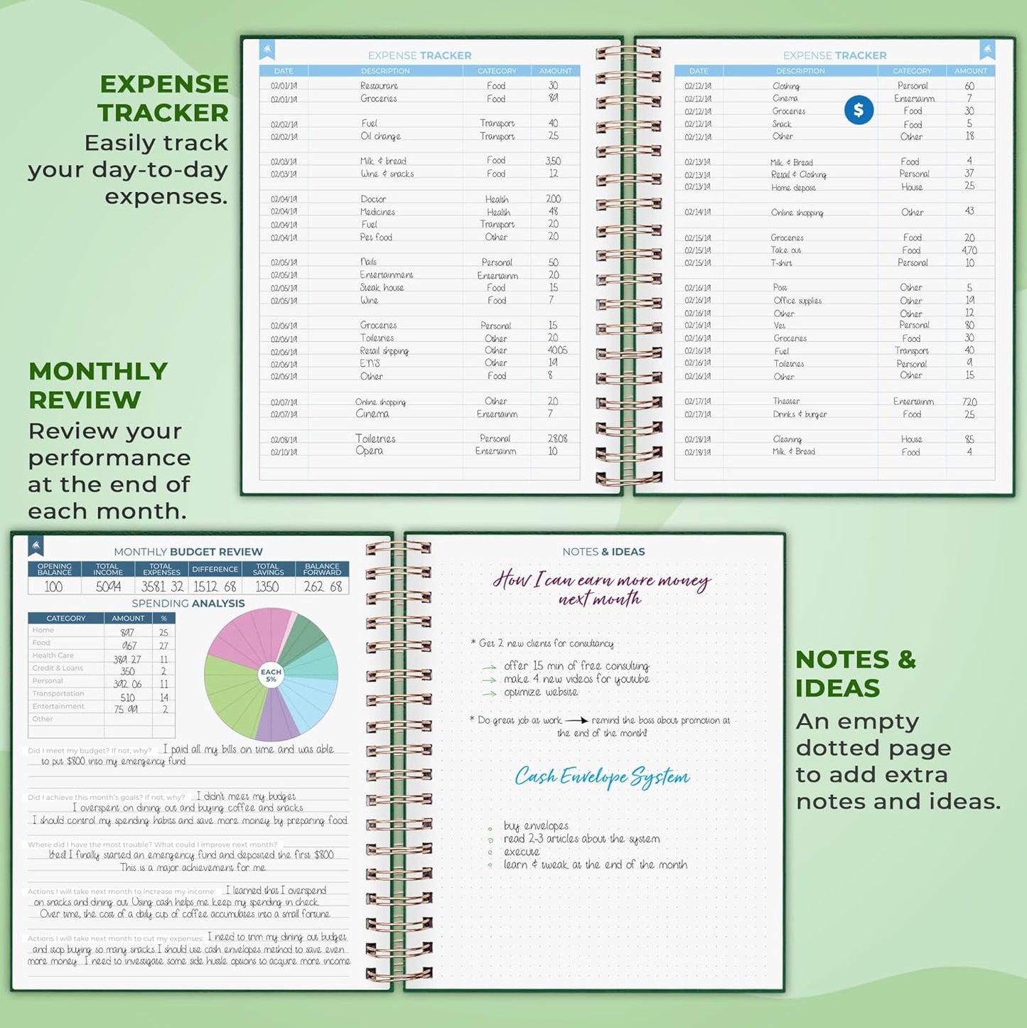 Clever Fox Budget Planner – Coiled Finance Book, Monthly Financial Journal, Budgeting Organizer & Expense Tracker Notebook, 8.5x9.5″ (Dark Green)