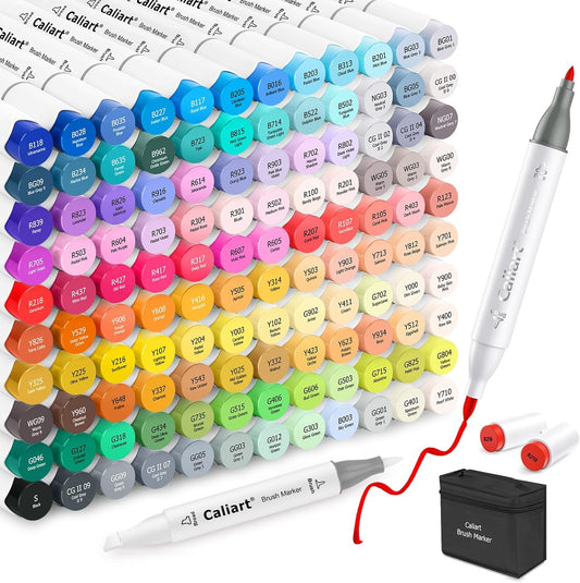Caliart Alcohol Markers Brush Tip, 121 Colors Dual Tip Coloring Marker Pen Set Brush & Fine, Art Supplies Kit Gift for Adults Coloring Book Artists Sketch Drawing Illustration
