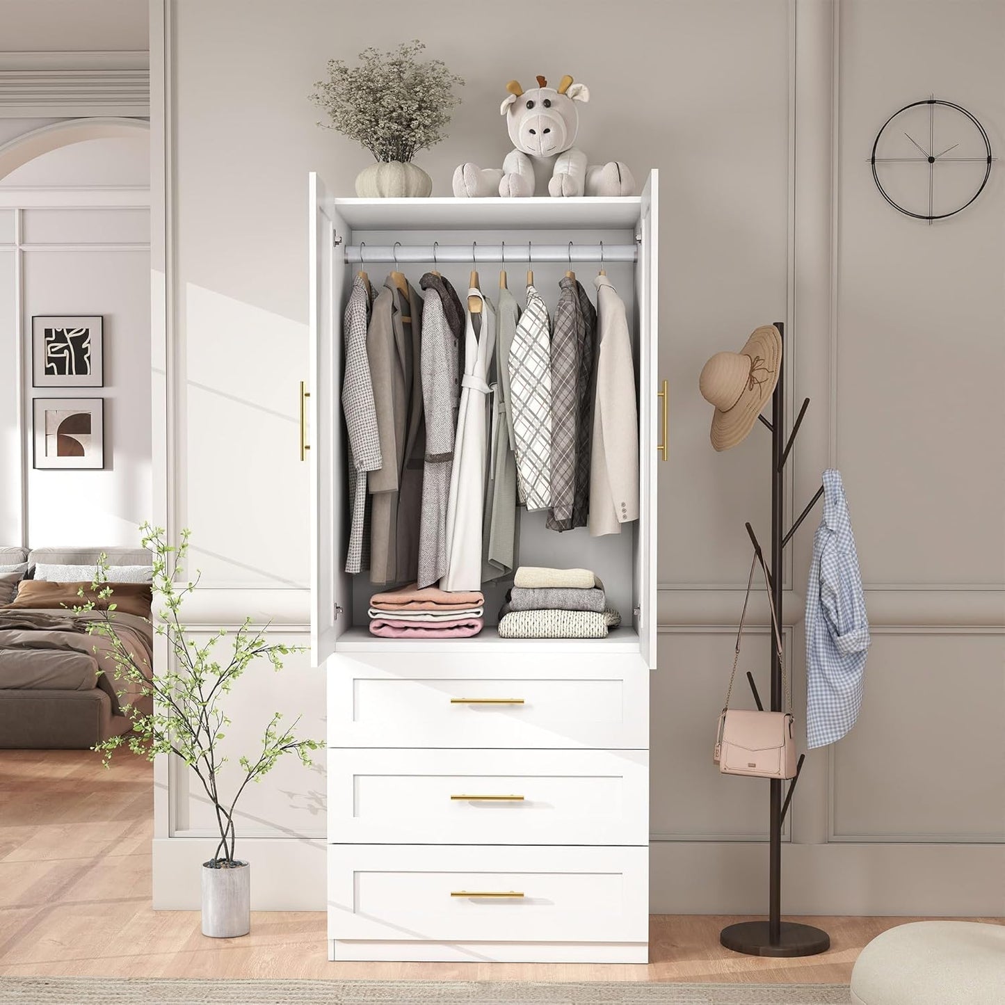 White Wardrobe with 2 Doors: 75" Tall Armoire Wardrobe Closet with 3 Drawers, Bedroom Closet Cabinet for Hanging Clothes, Wooden Storage Armoire with Shelves (Modern, 1)