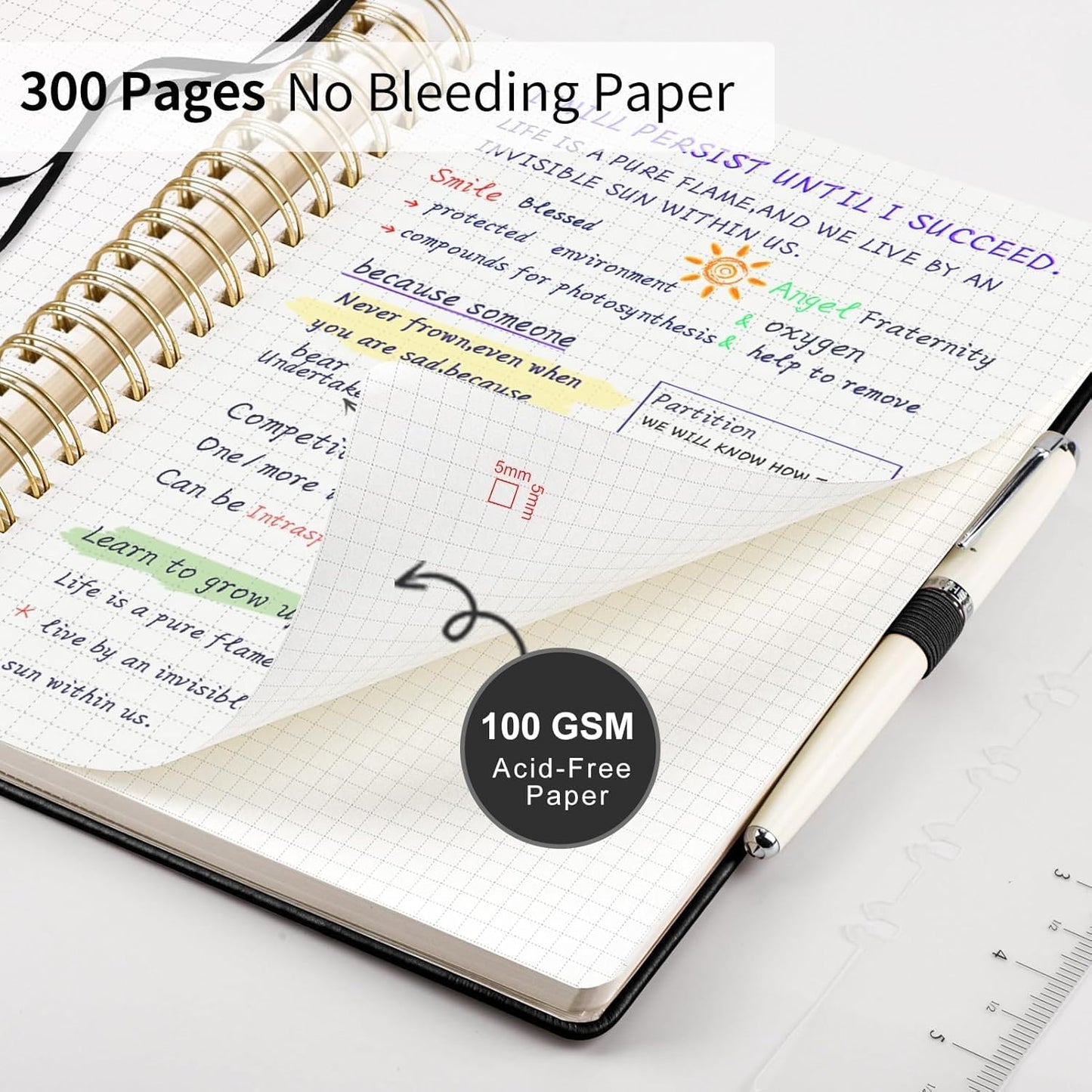 EMSHOI Spiral Graph Paper Notebook - 300 Pages, 100 GSM Thick Grid Notebook, B5 Large Hardcover Leather Journal for Women Men Work School Writing Engineering Graphing, 7.48" x 10.15", Black