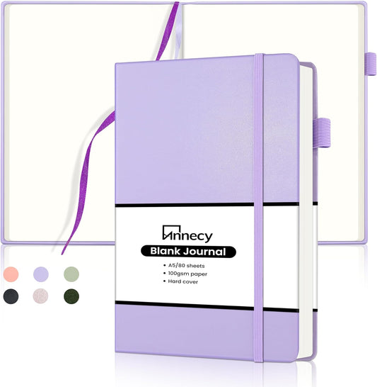 Annecy Blank Journal Notebook, Medium 5.5x 8.25, 160 Pages 100GSM Writing Paper, A5 Purple Faux Leather Cover with Pen Loop