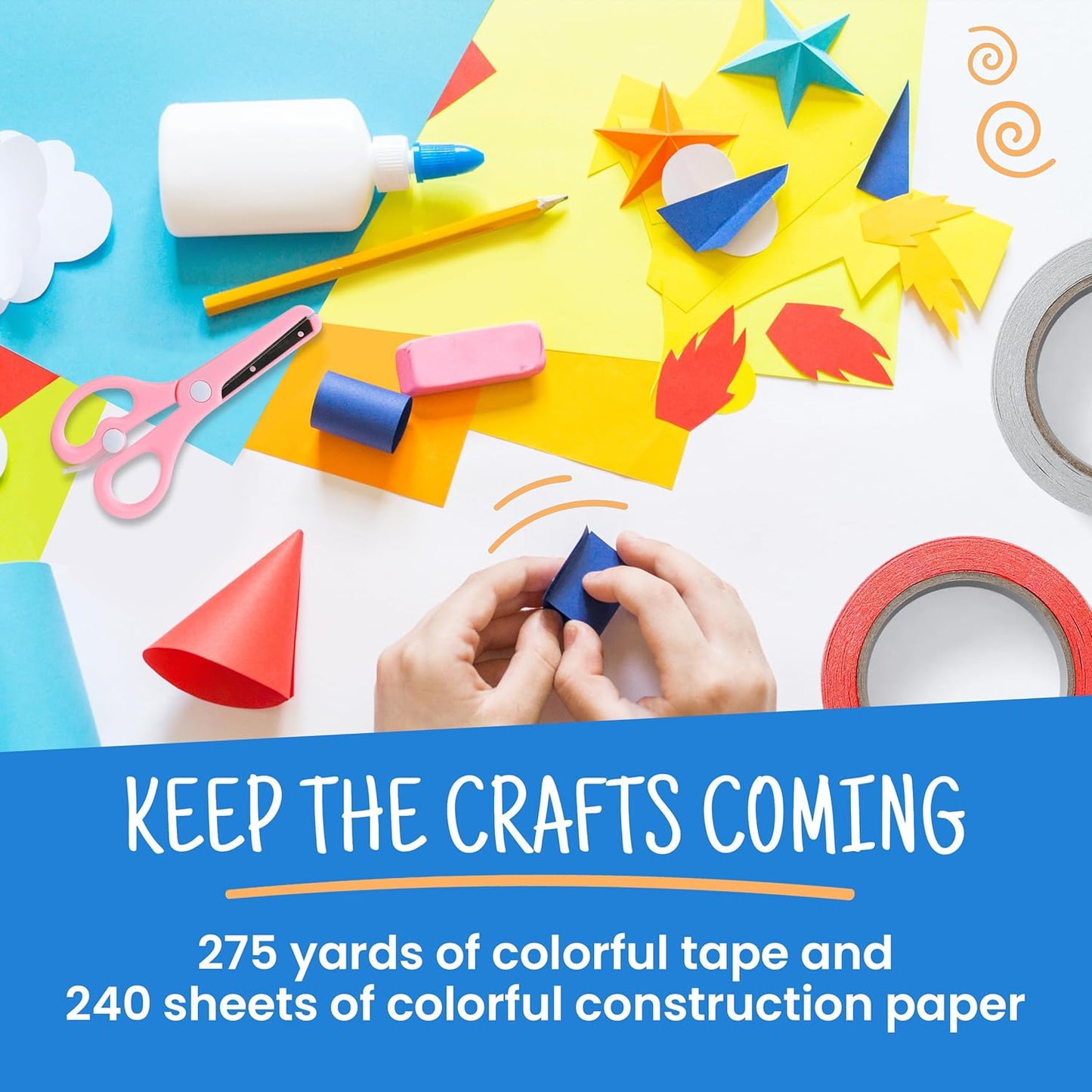 Craftzilla Arts and Crafts Kit for Kids – 11 Colored Masking Tape Rolls, 240 Sheets Construction Paper Assorterd Colors, Kid-Safe Scissors – All-in-One Kids Art Supplies Set - Arts and Craft Supplies