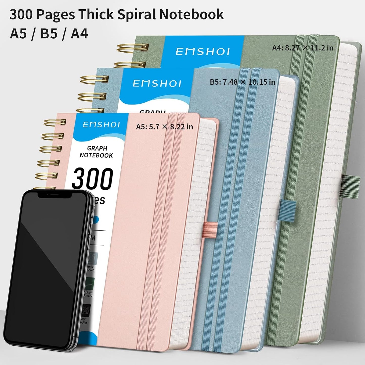 EMSHOI Spiral Graph Paper Notebook - 300 Pages, 100 GSM Thick Grid Notebook, A4 Large Hardcover Leather Journal for Women Men Work School Writing Engineering Graphing, 8.27" x 11.2", Light Green