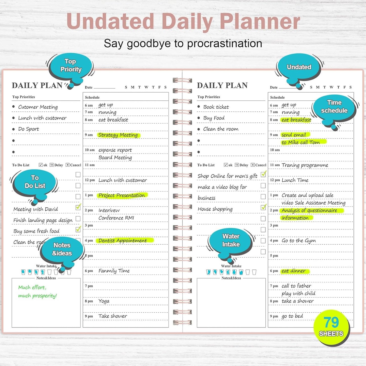 Asten Daily Undated Planner - To Do List Notebook With Hourly Schedule and Spiral Appointment Book for Men and Women, ADHD Work Planner With Inner Pocket, 8.3"x5.8", Pale Pink