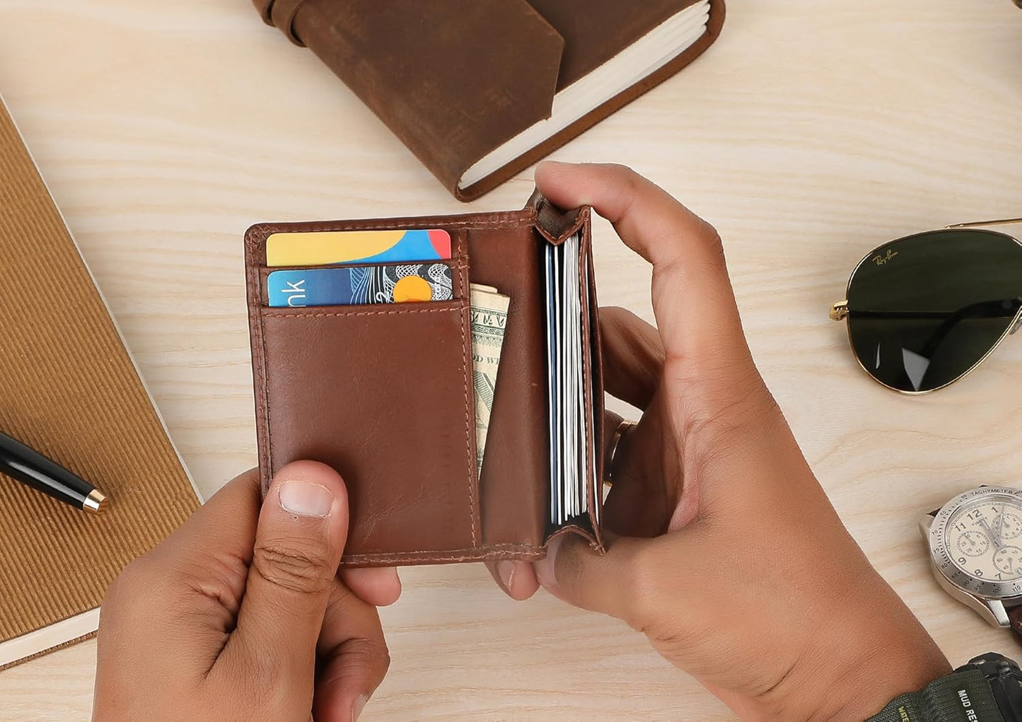 Premium Leather Card Wallet, RFID Blocking Expandable Business Card Case, Bifold Card Holder for Men and Women, Men's Purse, Wallet for Men (Business Card Wallet, Tan)