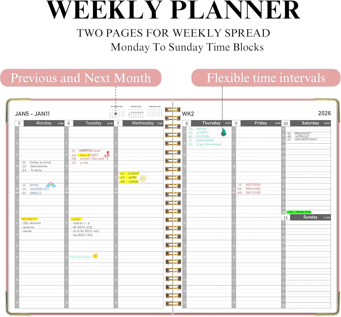 Appointment Planner 2025-2026 - Daily Hourly Schedule Planner from 7am - 10 pm, Weekly & Monthly Hourly Appointment Calendar from July 2025 - June 2026, 9" x 11"-Pink