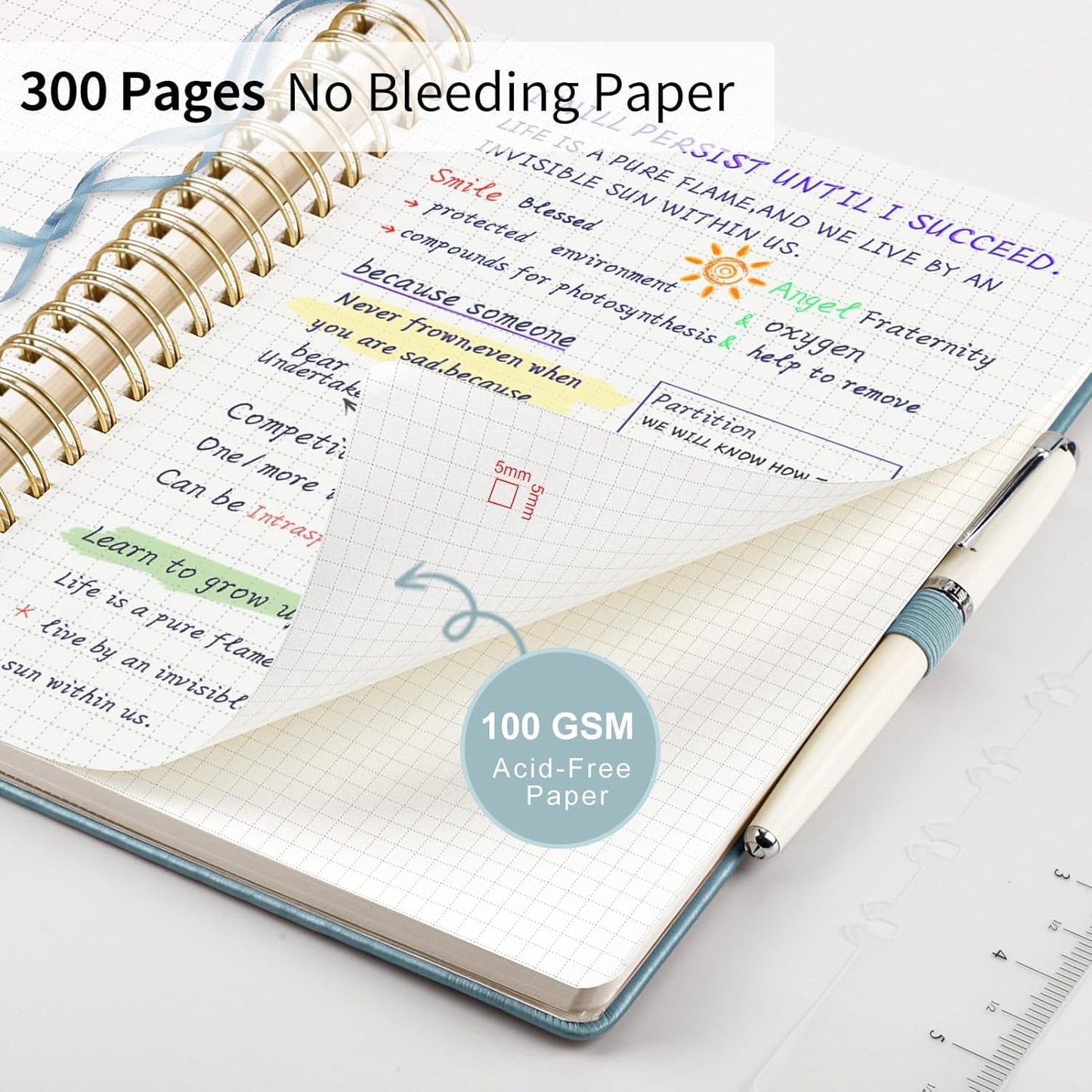 EMSHOI Spiral Graph Paper Notebook - 300 Pages, 100 GSM Thick Grid Notebook, A4 Large Hardcover Leather Journal for Women Men Work School Writing Engineering Graphing, 8.27" x 11.2", Gray Blue