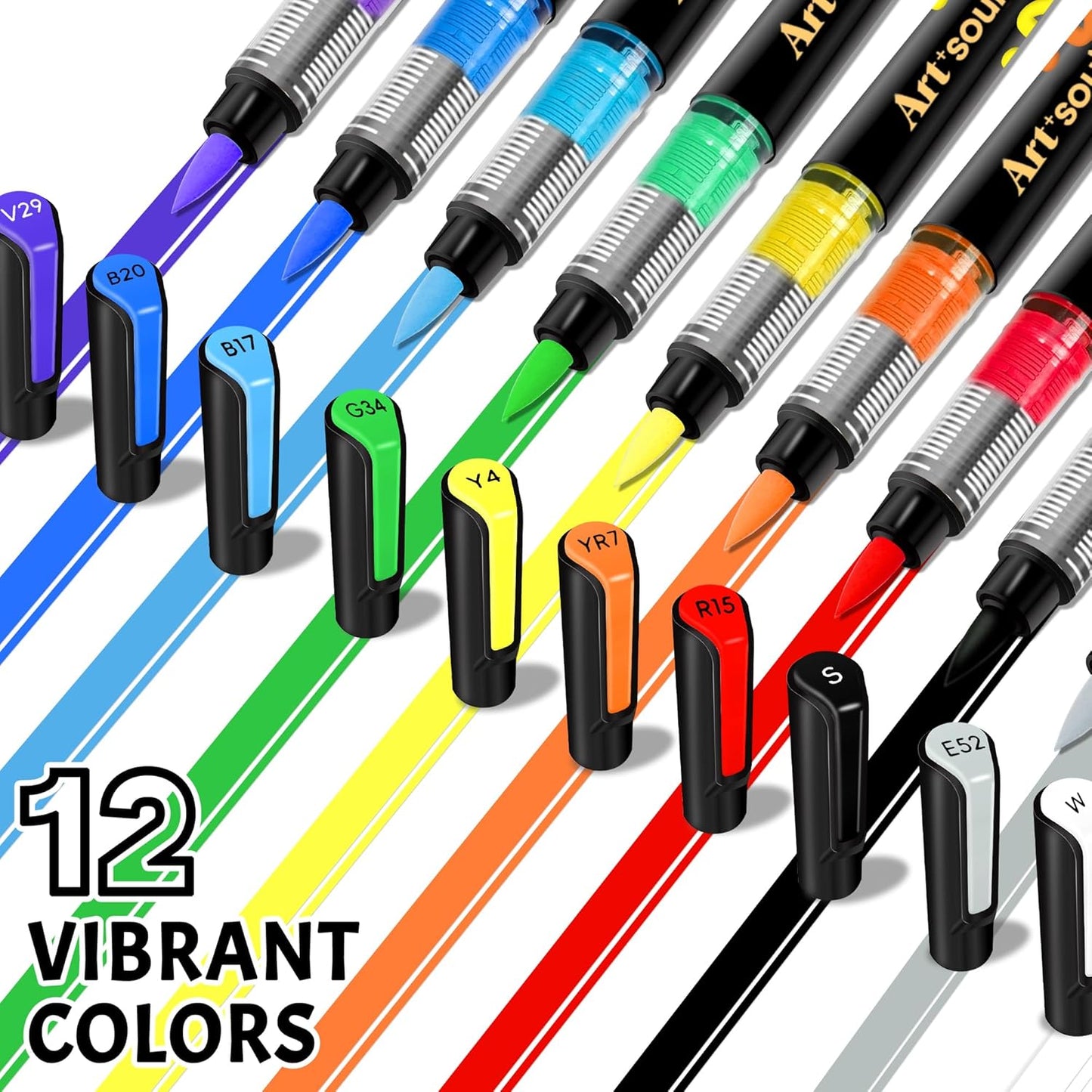 Art+soul Acrylic Paint Markers, 12 Colors - Soft Brush Tip & Automatic Ink Control System, Big Volume Ink for Rock Painting, Paper, Wood, Stone, Canvas, Glass Surfaces, DIY Crafting & Art Supplies