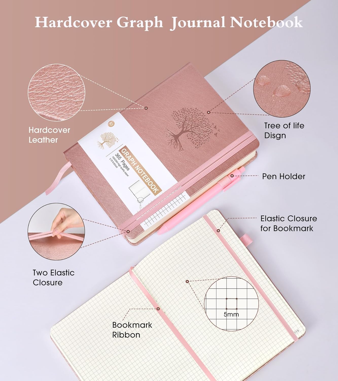 Graph Paper Notebook Journal, 360 Numbered Pages Grid Notebooks, Thick 100gsm Graphing Paper Notebook for Women Men, A5 Large Hardcover Leather Graph Journals for Writing Math 5.75'' × 8.38'' Pink