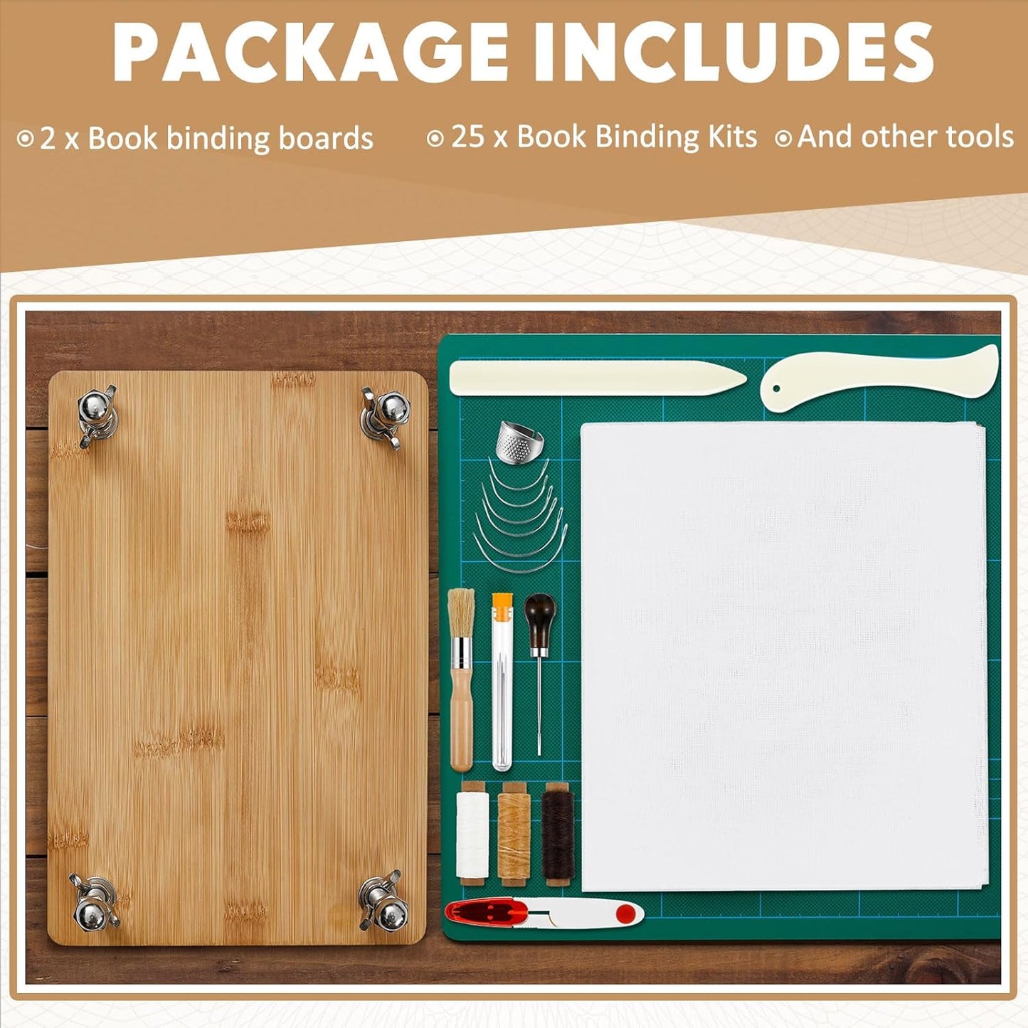 DoubleFill Book Binding Kits 11.6 x 7.9 Book Press Board 25 Pcs Bamboo Wood Bookbinding Tools Set with Real Bone Folder Awl Large Eye Needles Wax Thread Cloth for Beginners DIY Bookbinding Supplies