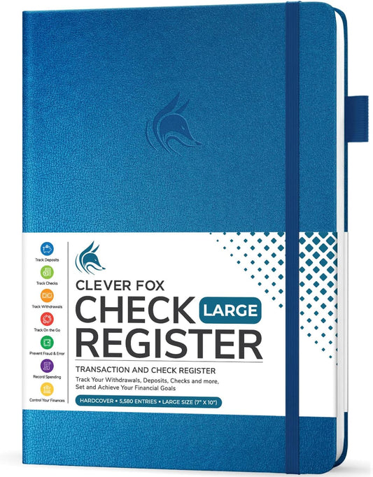 Clever Fox Check Register Book - Deluxe Transaction Register, Accounting Ledger Book, Checkbook Register & Checking Account Register Book for Personal and Work Use, Large Size, 7x10” - Mystic Blue