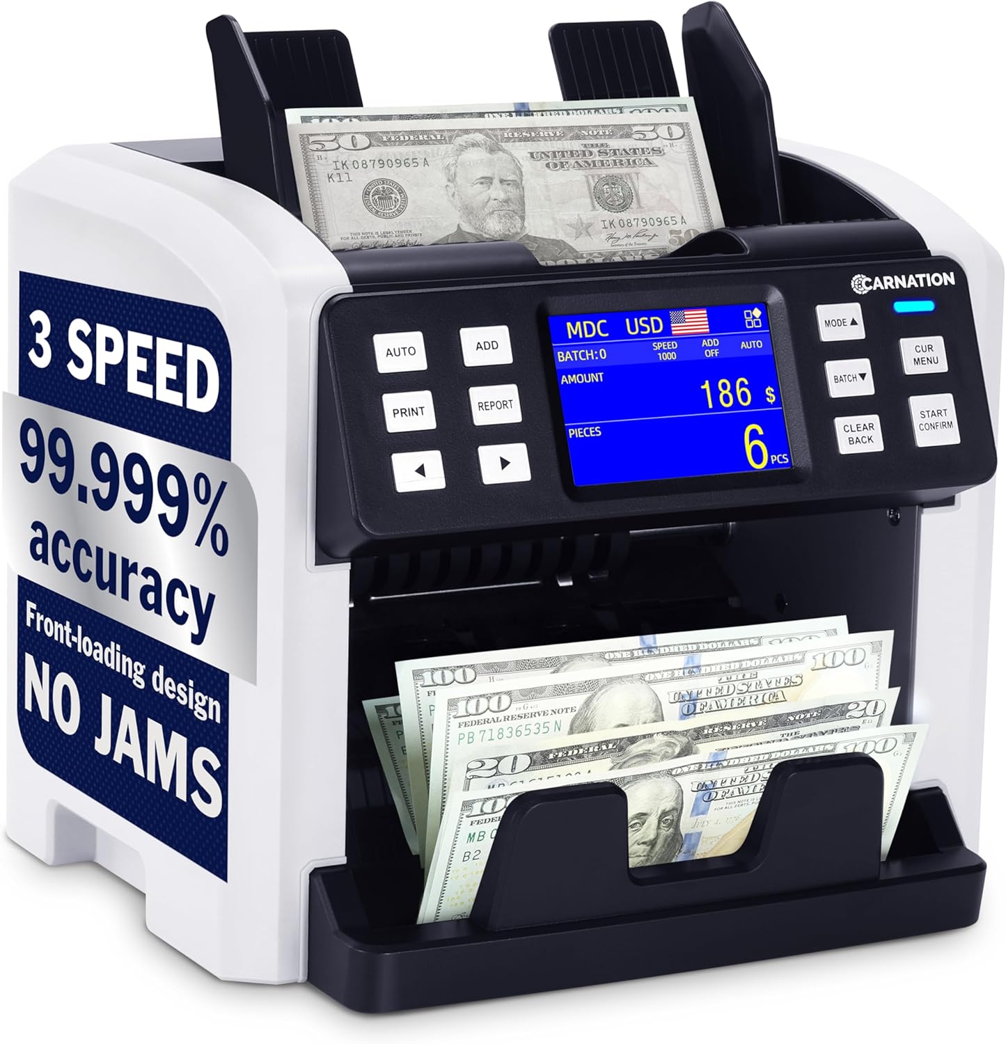 Carnation CR6 Mixed Denomination Money Counter Machine - Money Counter with UV/MG/IR Counterfeit Detection - 3 Speeds from 800~1000~1200N/M and Supported Currency USD/CAD/BRL/MXN/ARS/Pen/CLP/DOP/VES