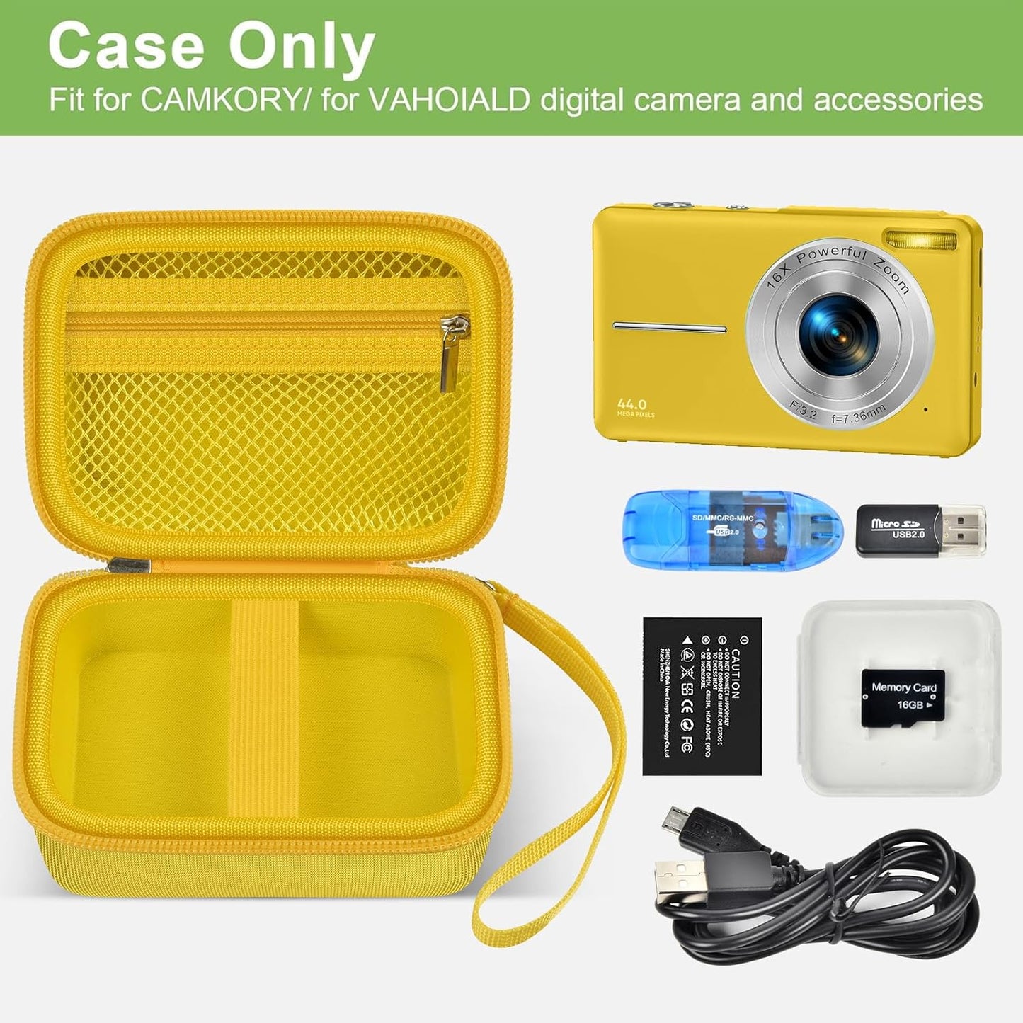 Case Compatible with VAHOIALD FHD 1080P Digital Camera/for CAMKORY Digital Point and Shoot/for Kodak PIXPRO FZ45-BK 16MP Vlogging/for IWEUKJLO/for Nsoela, Holder for SD Card More (Yellow)