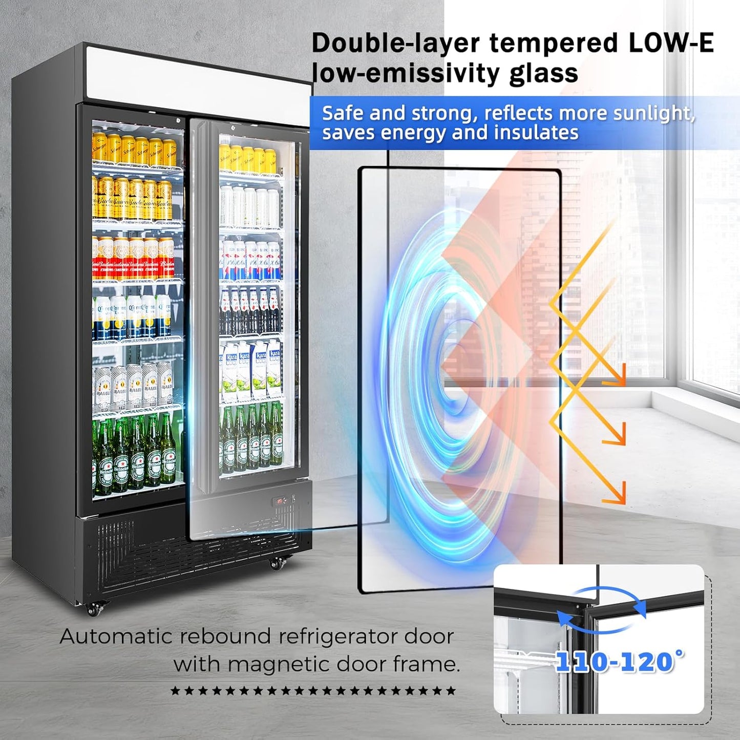 Commercial Merchandiser Display Refrigerator with 2 Glass Doors 30 Cu.ft Beverage Back Bar Cooler Black Drink Fridge for Convenience Stores, Supermarkets,Bars,Offices