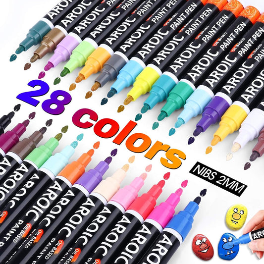 AROIC 28 Colors Acrylic Paint Markers, 2mm Fine Tip Permanent Paint Pens - Quick Dry, Waterproof, Non-Toxic for Glass, Ceramic, Metal, Plastic - Ideal for Artists, DIY Crafts & Rock Painting