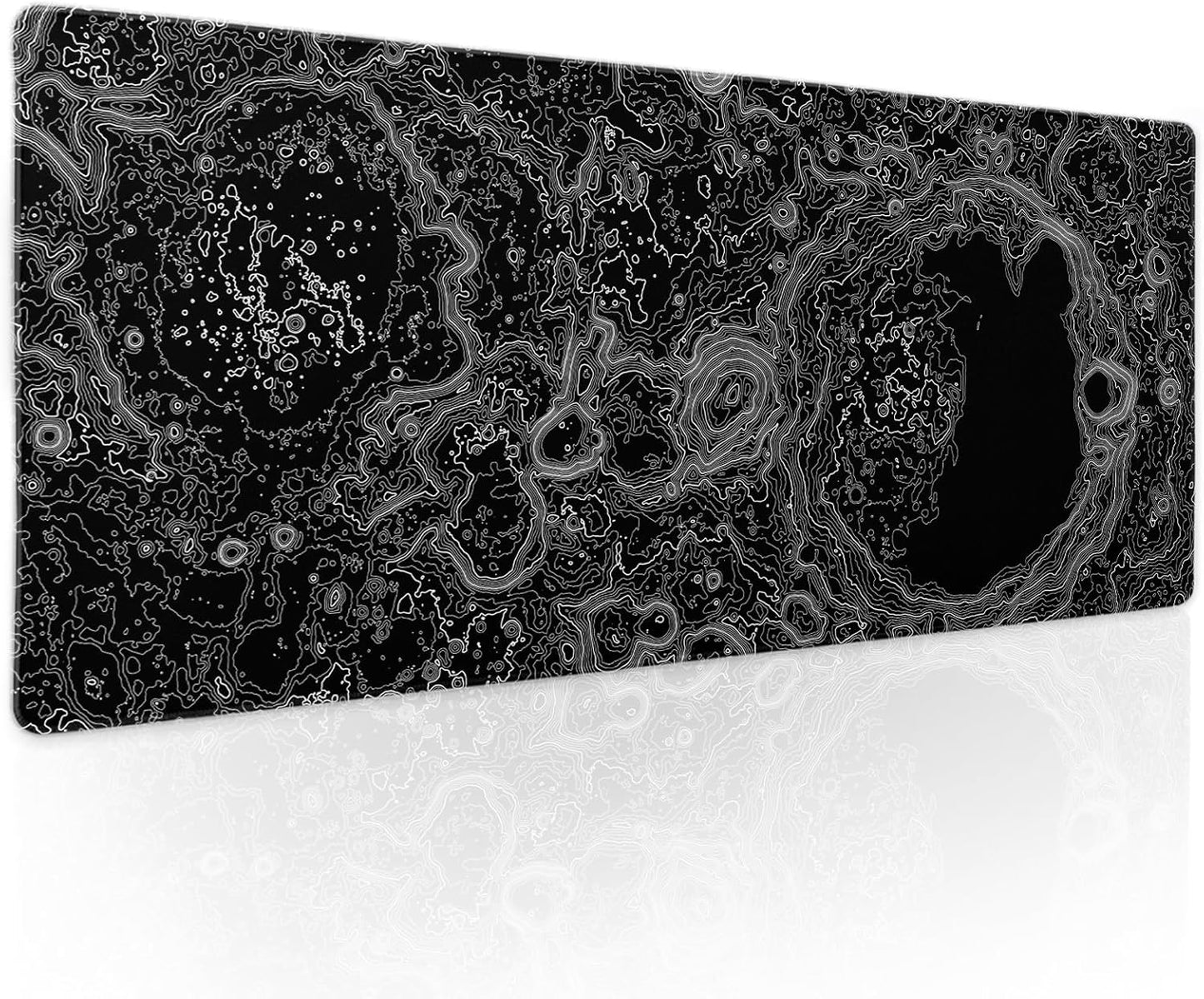 Black Whtie Topographic Gaming Mouse Pad XL Topo Moon Relief Map Extended Large Mat Mousepad Desk Pad Non-Slip Rubber Base Stitched Edge Long Keyboard Playmat for Desk Computer,31.5×11.8 Inch