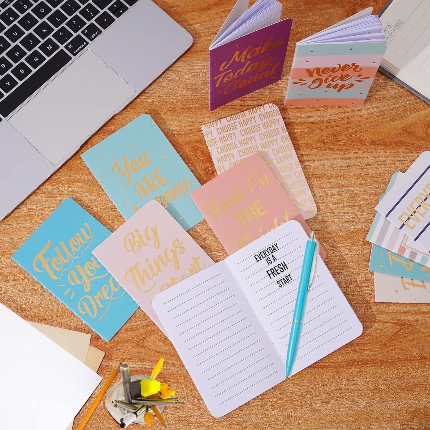 Cinrobiye 24 Pcs Mini Colorful Notebooks, Funny Motivational Journals Notepads Inspirational Notepads Small Pocket Notebook for Kids Teacher School Office Gift Bulk Prizes Travel Supplies (Gold)