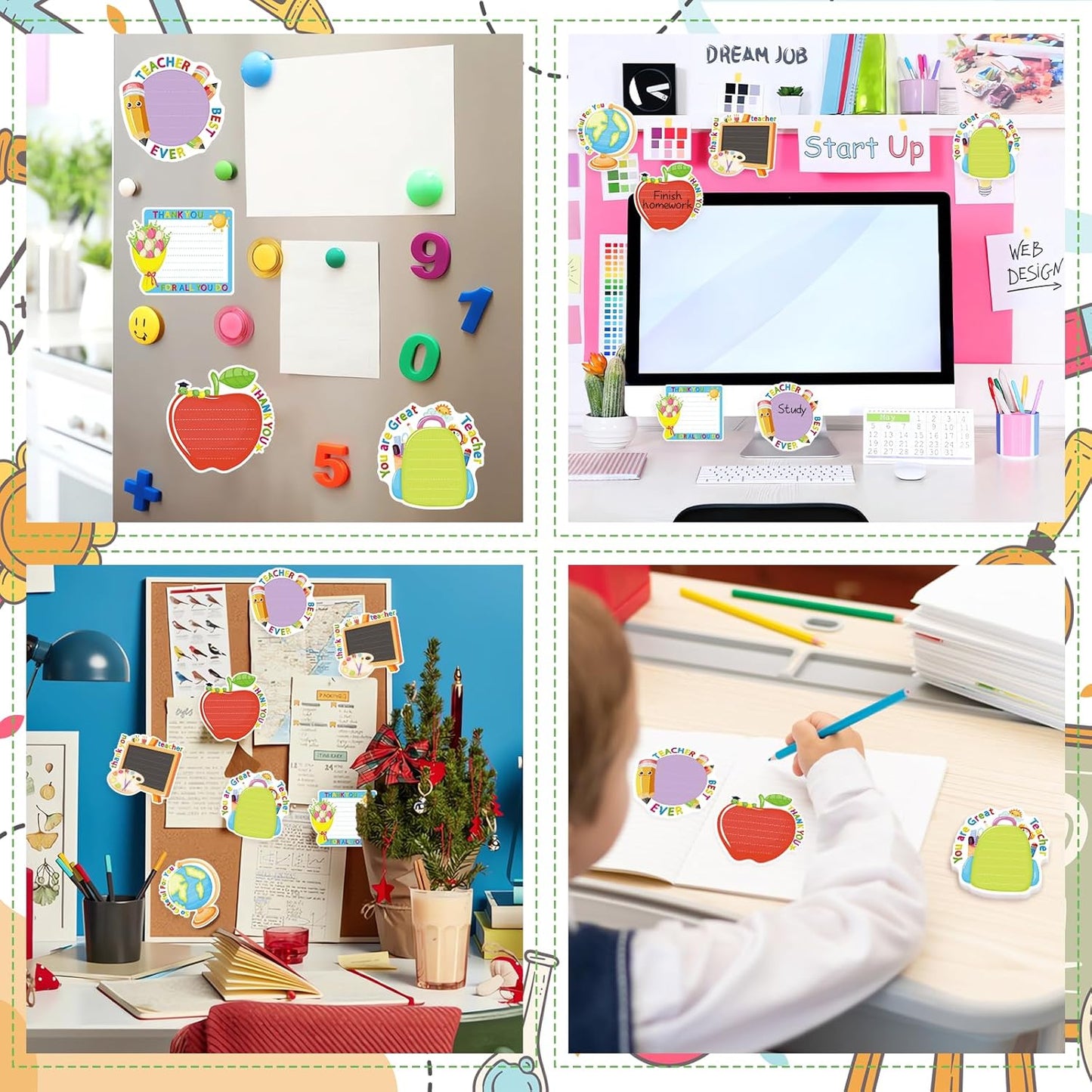 600 Pieces Teacher Sticky Note Pads, Funny School Bag Books Pens Flowers Sticky Notes Self Stick Small Memo Pads for Back to School Teacher Party Favor Supplies