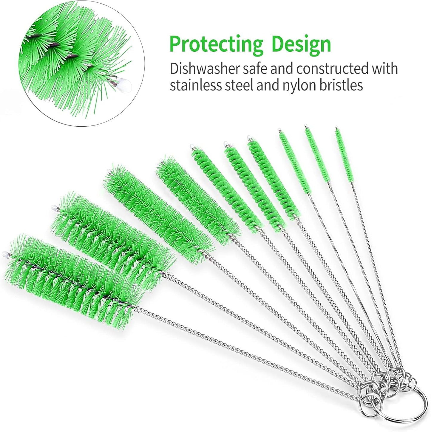 CiaraQ Bottle Cleaning Brushes, 8 Inch Nylon Tube Brush Set, Cleaner for Narrow Neck Bottles Cups with Hook, Set of 10pcs. Green