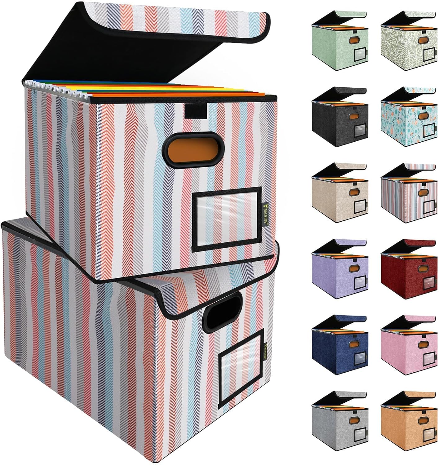 BALEINE File Organizer Box with Lid, Collapsible File Folder Organizer with Plastic Slide, Hanging File Folder Box for Office Document Storage (2 Pack, Color Stripe)