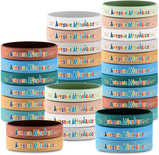 200 Pcs Awesome Attendance Wristbands for Students, Perfect Attendance Awards for Classroom Prizes, Unisex Stretch Silicone Motivational Wristbands for Student from Teacher Classroom Prizes