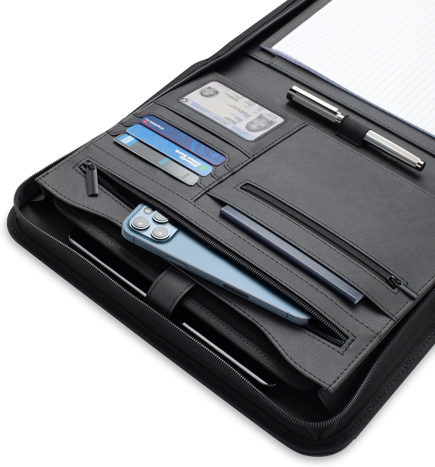 Padfolio Binder - Professional Faux Leather Travel Organizer Pouch for Tablet, Documents, Presentation Folders, Zipper Closure, Notepad - Black