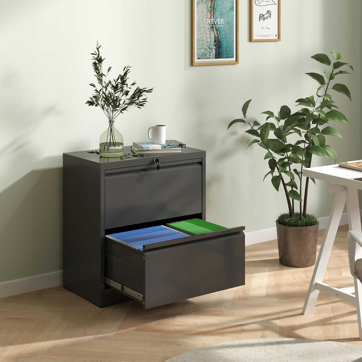 2 Drawer Lateral File Cabinet with Lock, 26.8" Wide Metal Filing Cabinets for Home Office, Steel Storage File Cabinet for Letter/Legal/F4/A4 Size with Hanging Bars, Assembly Required(Black)