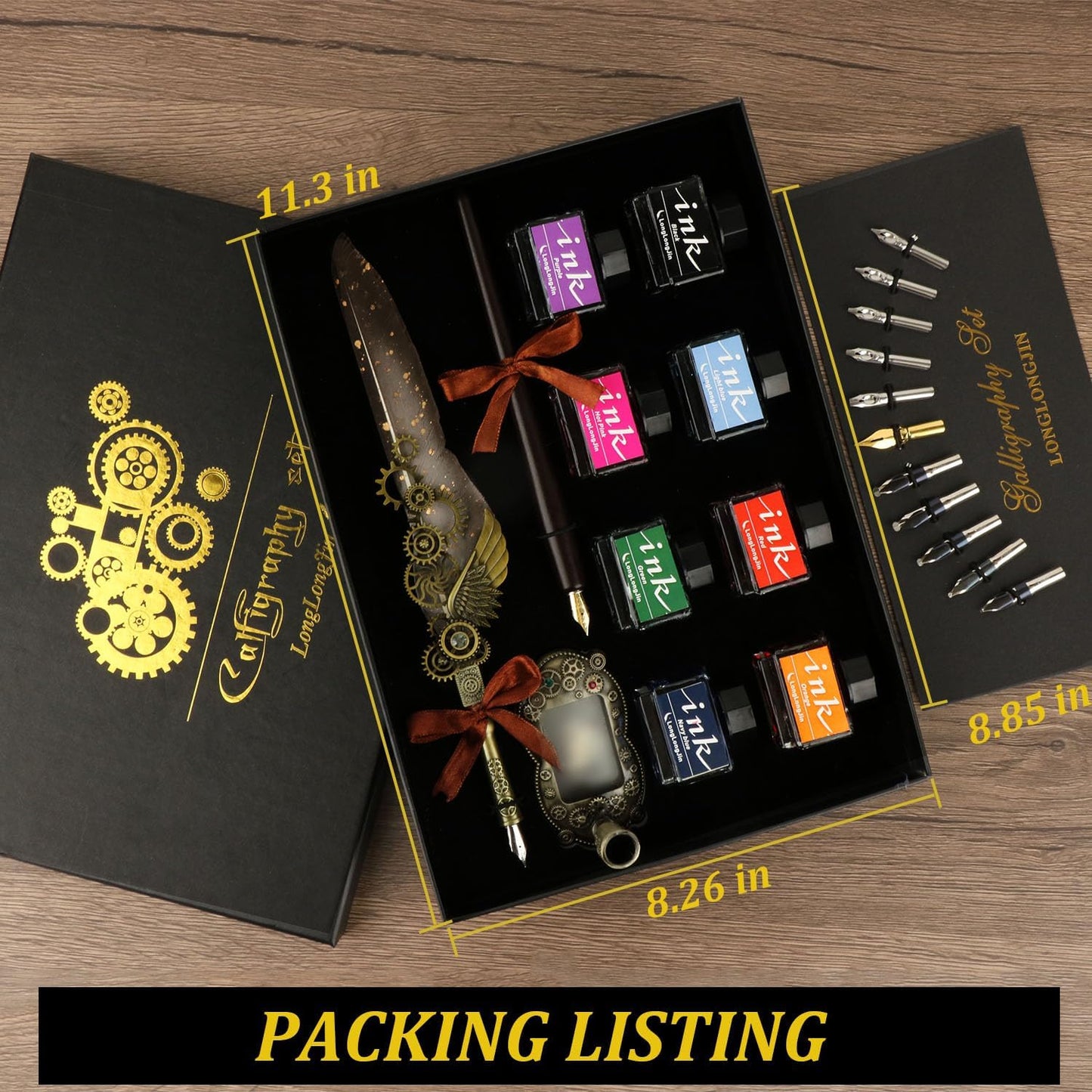 Calligraphy Pens and Ink Set - Calligraphy Kits for Beginners,Quill Pen Includes Dip Pen,8*Colors Ink,11*Calligraphy Pen Nibs（Grey）