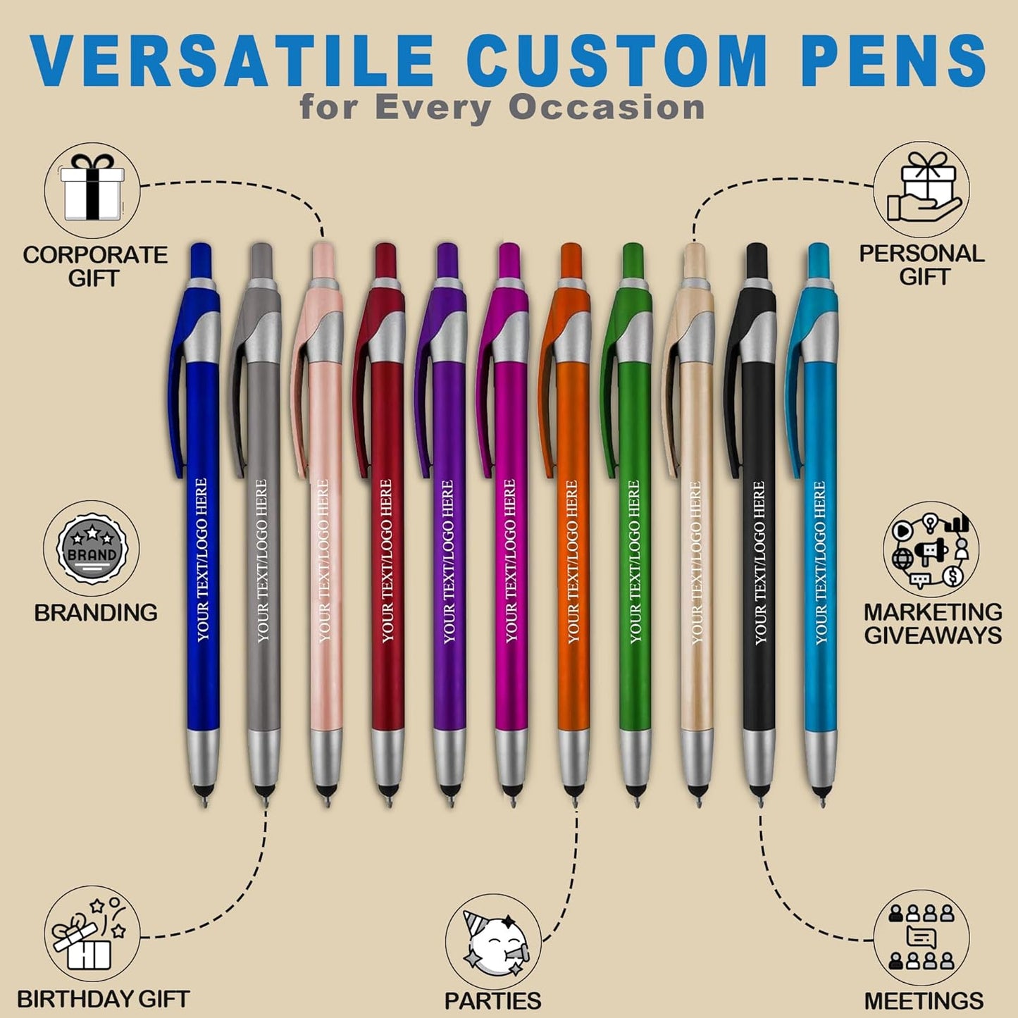 Personalized with Your Custom Logo or Text Pens-Pack of 300- for Marketing, Parties, and Events, 2 in 1 Capacitive Stylus & Ballpoint Pen Compatible with Touchscreen Devices, Black Ink, Assorted