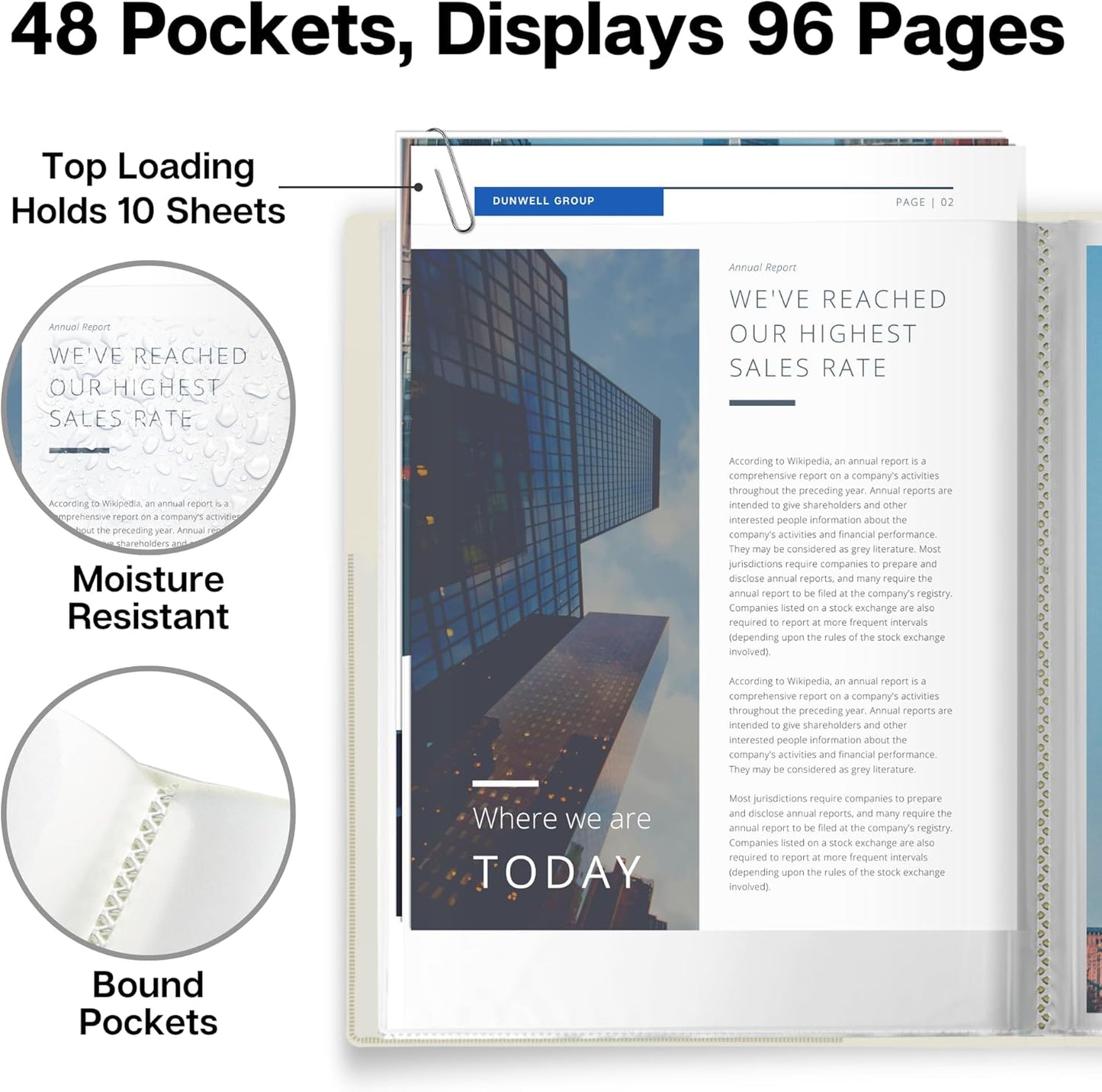 Dunwell Presentation Binder 48-Pocket, Displays 96 Pages, 8.5x11 Portfolio Binder with Plastic Sleeves, Storage and Organizer for Documents, Photos, Kids Artwork, Projects, Recipes (Ivory)