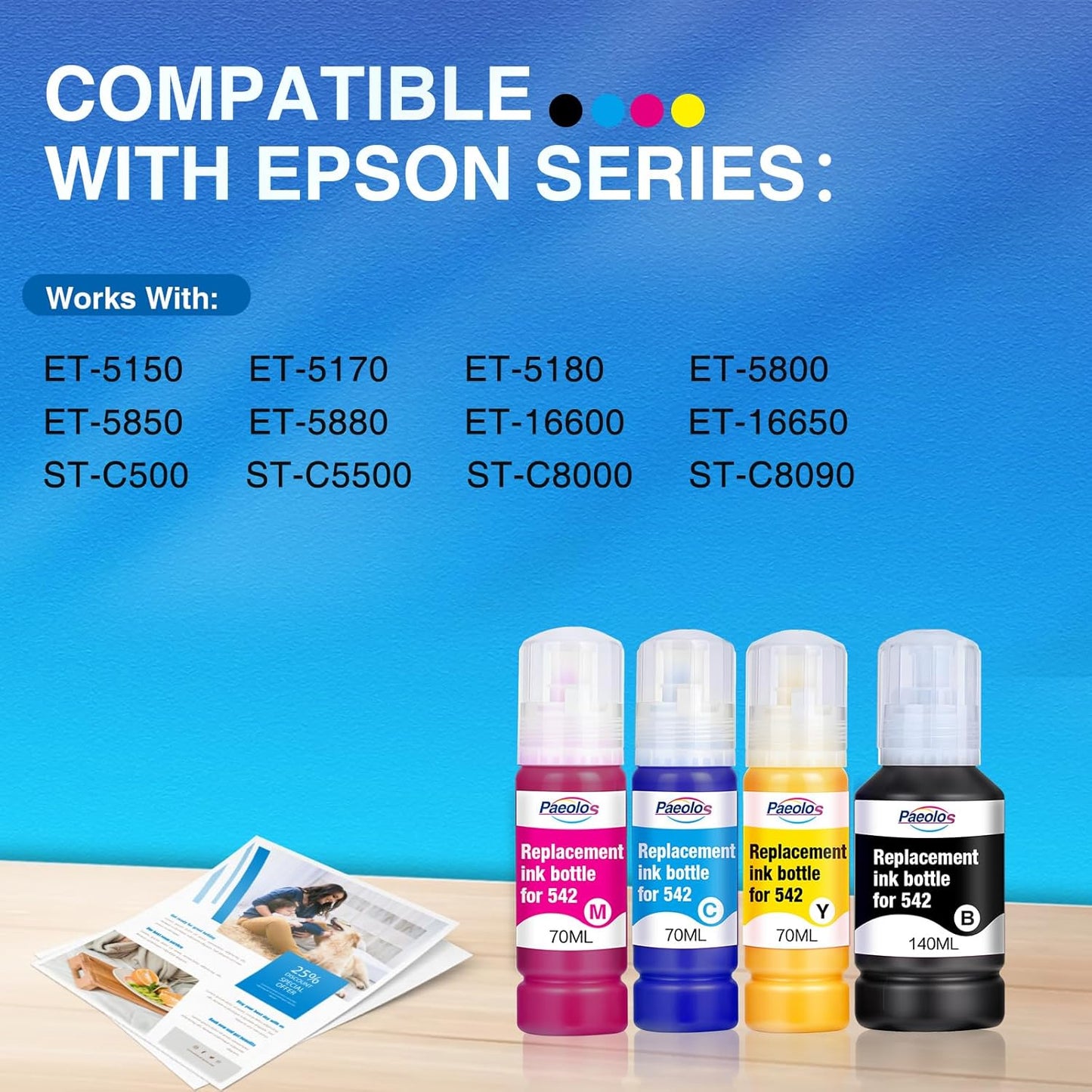 Compatible for 542 Ink Refill Bottles ET-5850 ET-5800 ET-16600 Replacement for 542 Ink Refill Bottles Work for ET-5800 ET-5850 ET-5880 ET-16600 ET-16650 ET-5150 ET-5170 ET-5180 (140ml BK, 70ml CMY)