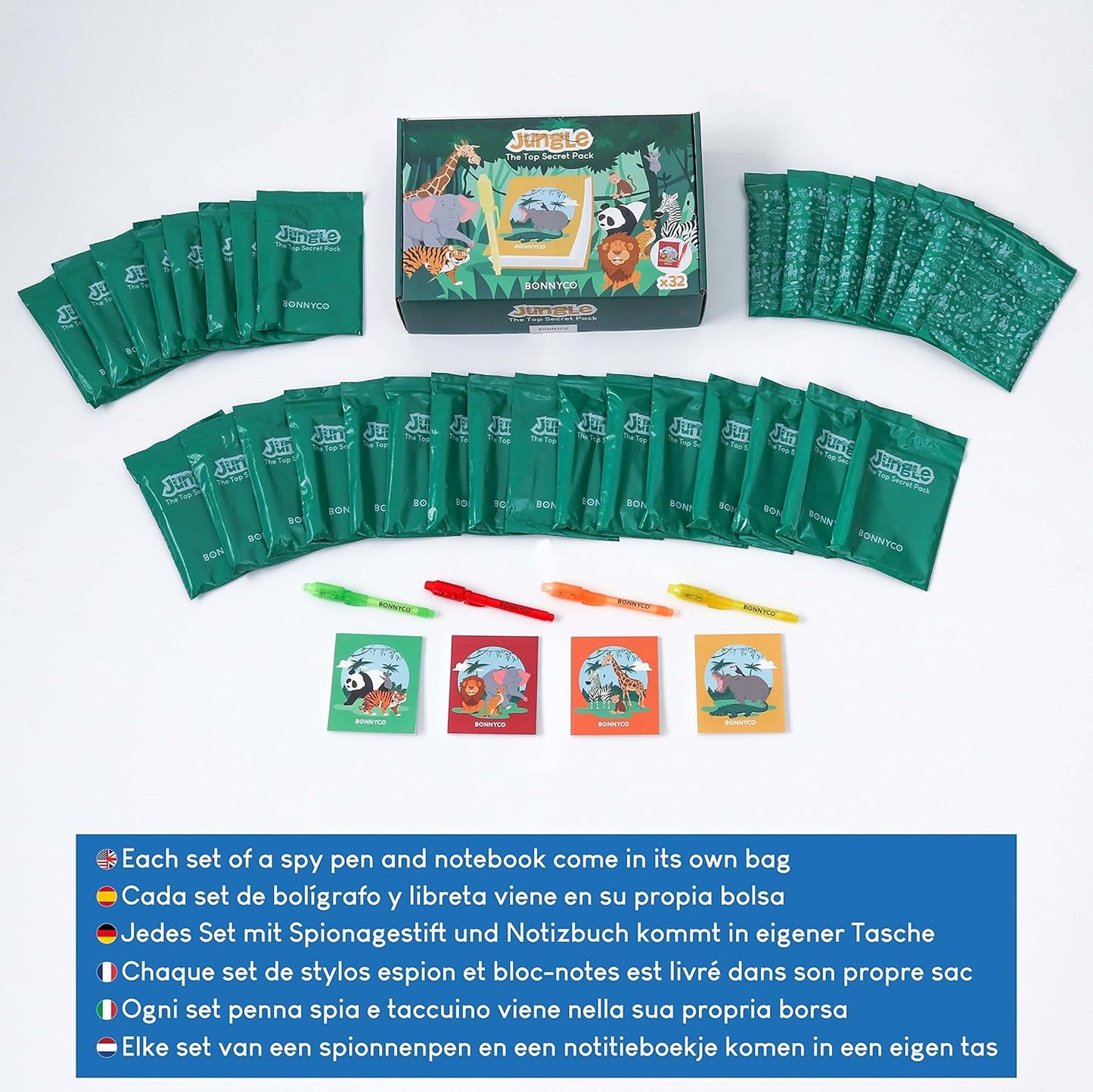 BONNYCO Invisible Ink Pen and Notebook Pack 32 Safari Party Favors for Kids Magic Spy Pen Goodie Bags Stuffers for Kids | Jungle Goody Bag Stuffers Return Gifts Birthday, Classroom Prizes Students