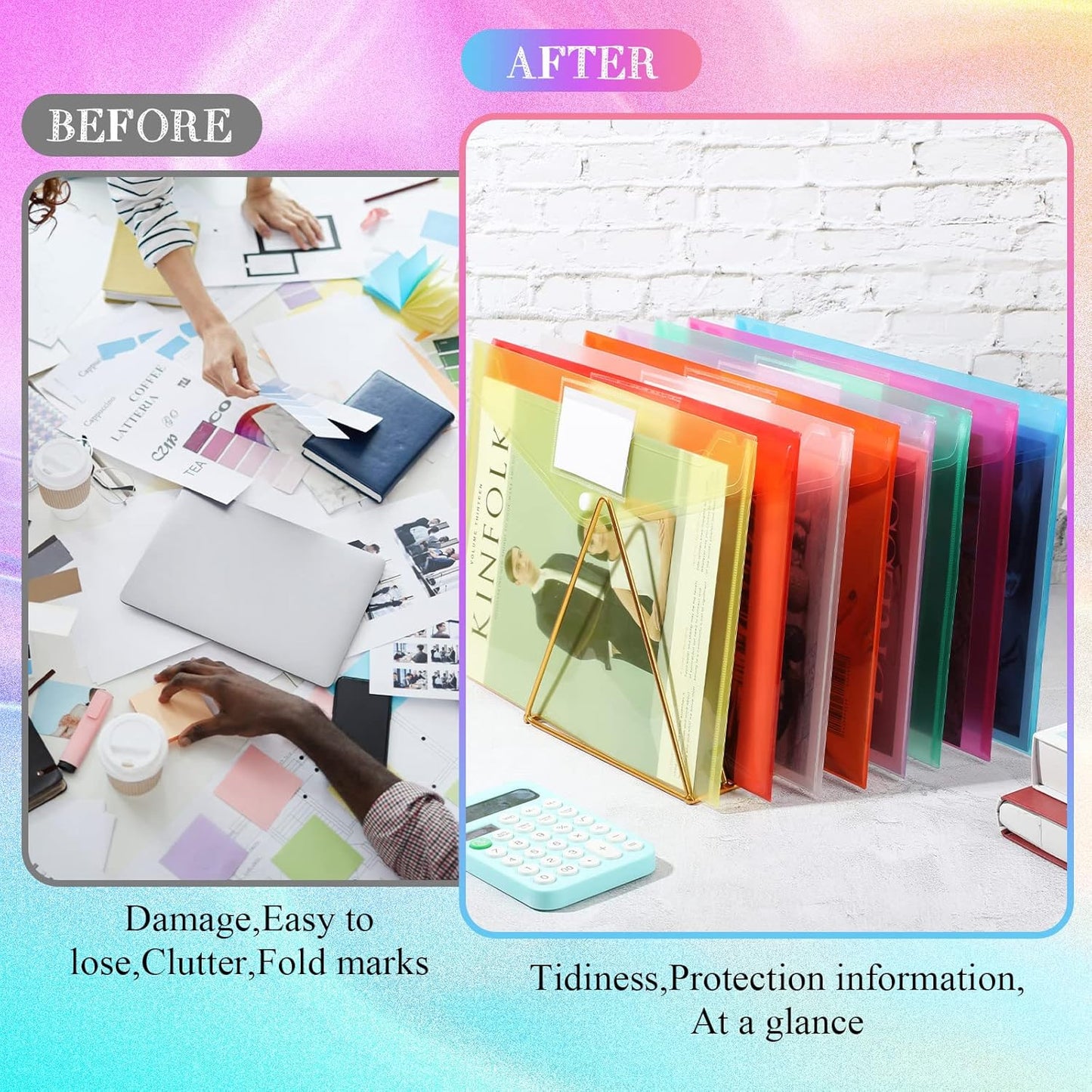 Zhehao 100 Pcs Clear Envelopes with Snap Button Closure A4 Letter Size Plastic Envelope Folder Poly Document File Folders for home Office(Multicolor,Pocket Style)