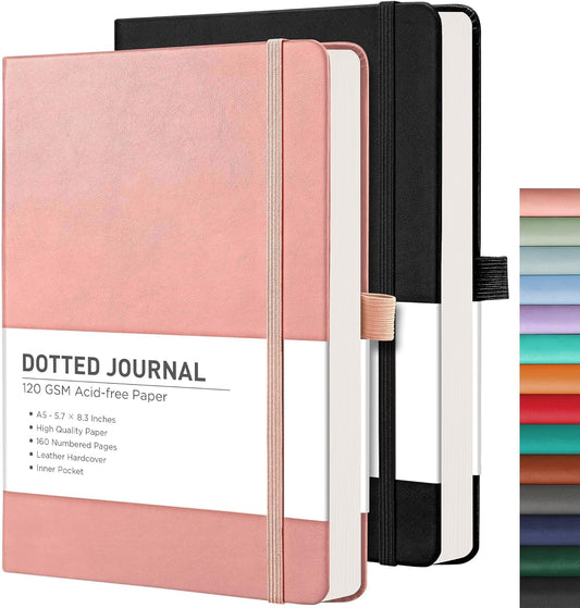 RETTACY Bullet Dotted Journal Notebook, 2-Pack, 160 Numbered Pages per Pack, A5 Medium Size (5.7'' x 8.3''), 120 GSM Thick Paper, Leather Hardcover, for Bullet Journaling (Black & Pink)