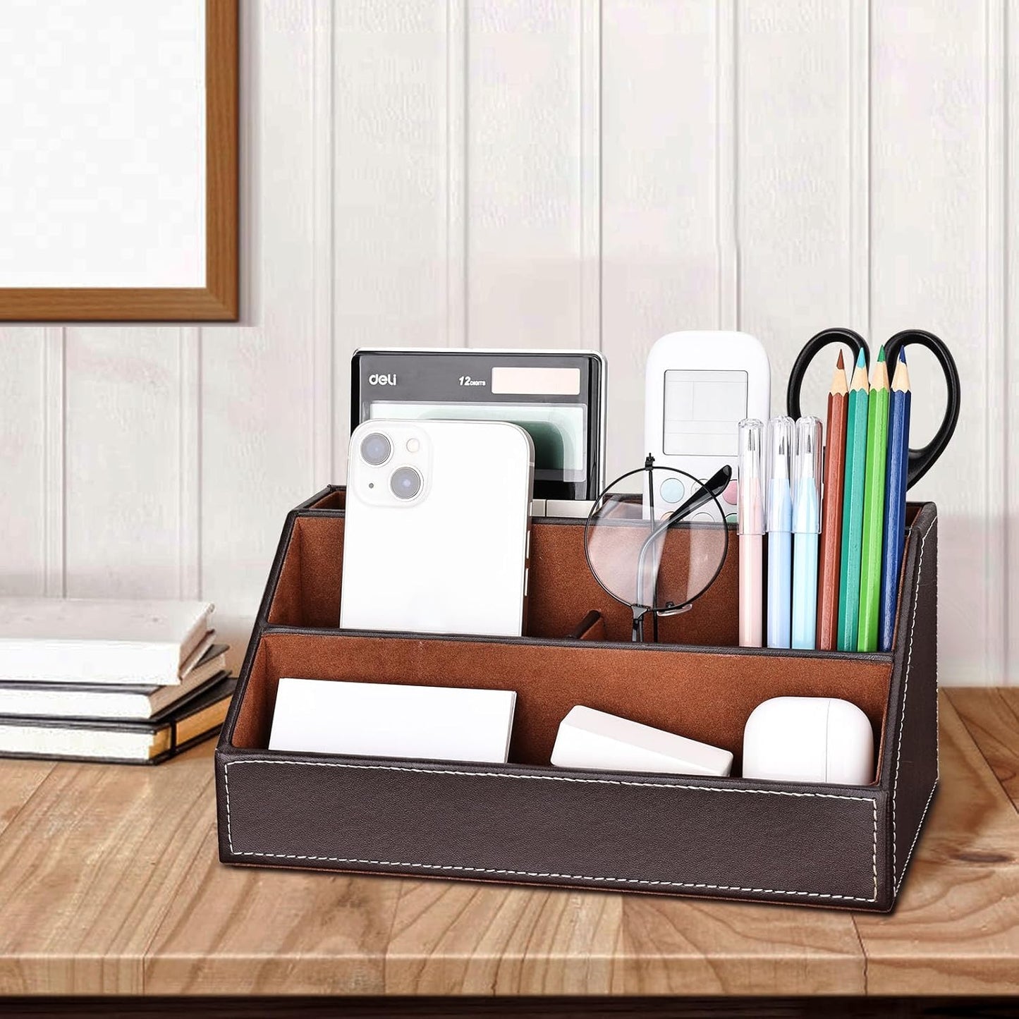 KINGFOM 5PCS Desk Organizer and Accessories Set, Pu Leather Office Supplies with Multifunction Desktop Organizer Storage Box, Tissue Holder, Mouse Pad, Note Paper Holder, Pencil Holder for Desk Brown