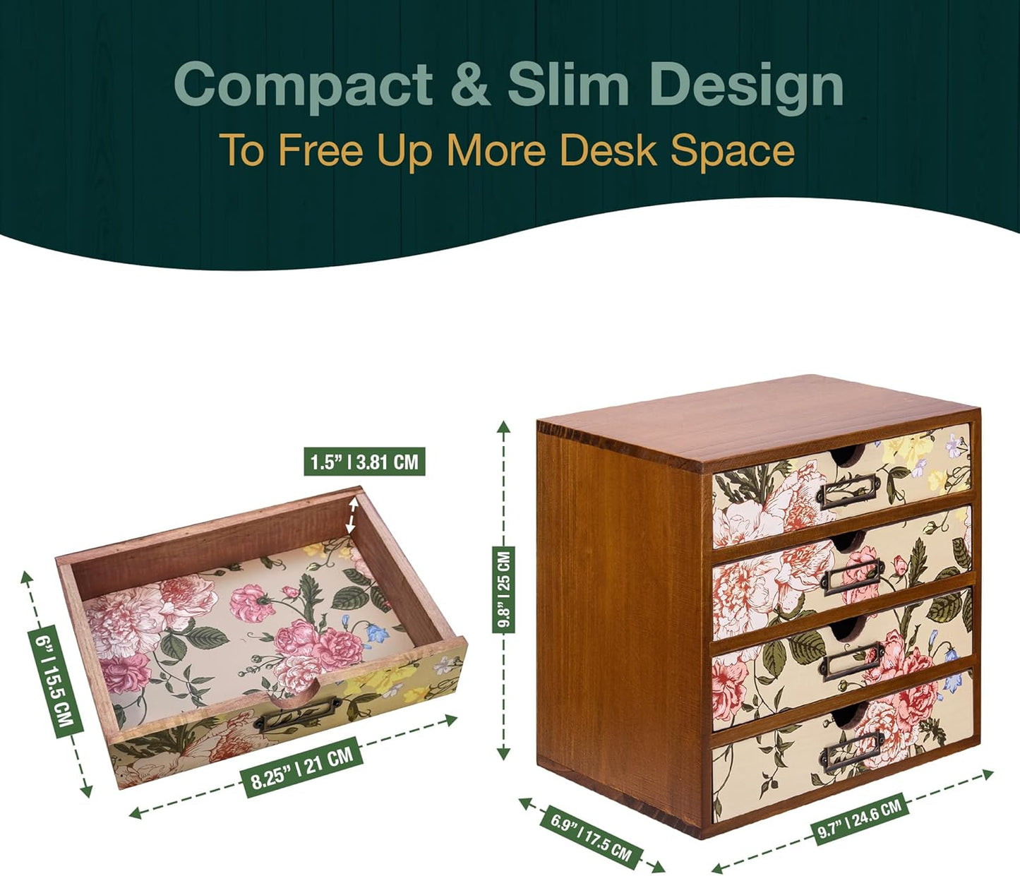 4-Drawer Vintage Desk Organizer with Jacobean Pattern Pastel Flowers Curio Drawer Dresser, Closet, Tabletop - Embroidery Reel Shelf Wood Desktop Organizing Cabinet - Victorian Floral Design