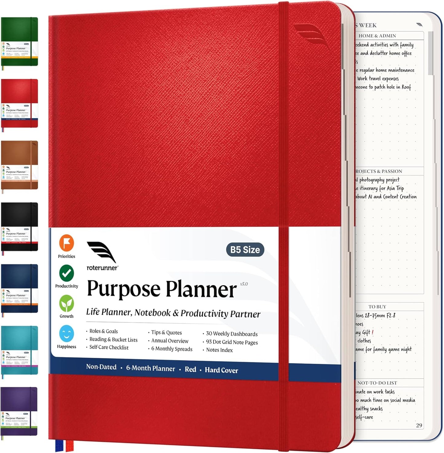 Roterunner Purpose Planner Notebook B5 7.5”x9.8” Undated Planner 2025 Daily Weekly and Monthly Productivity Goal Setting Tool for Work Home ADHD Planner for Adults Self Care Journal
