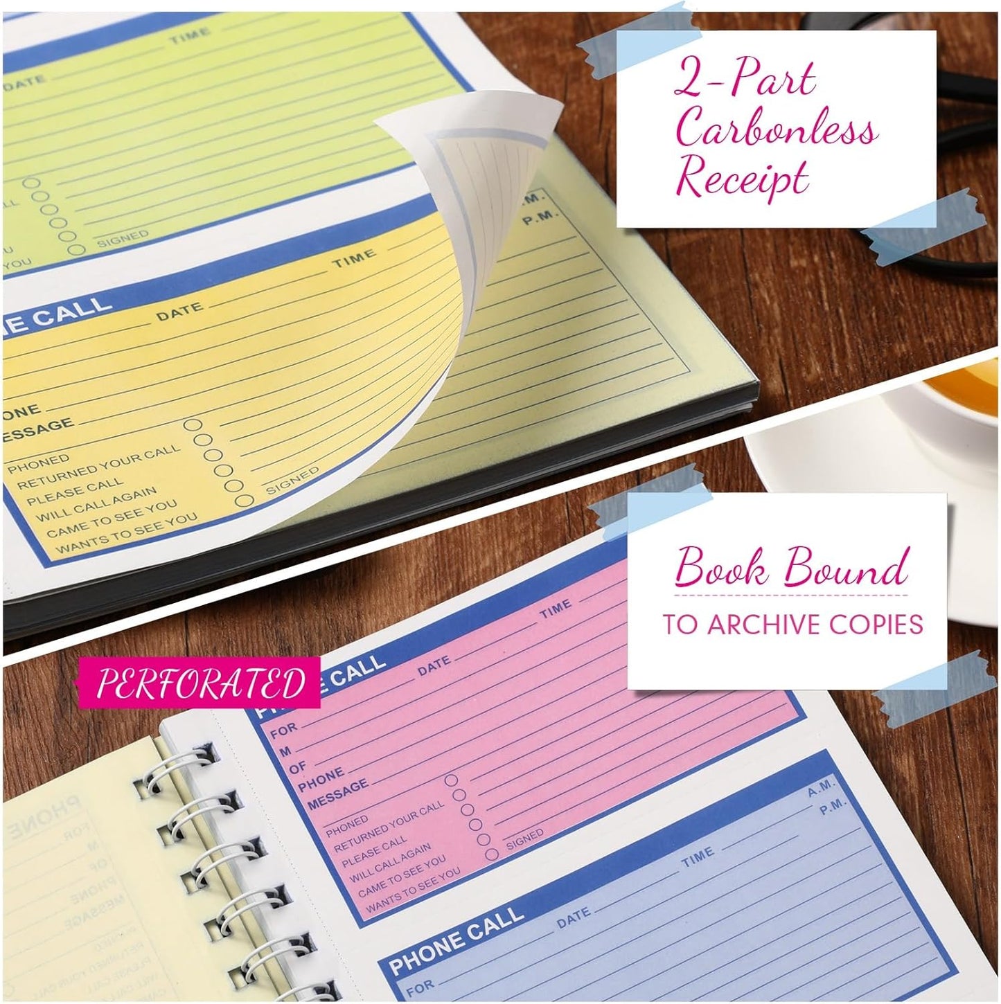 Sinmoe 1 Pcs Spiral Bound Phone Message Book with Carbon Copy 5-1/2" x 11" 2 Part Colorful Carbonless Telephone Message Pads Duplicate Spiral Phone Call Log Book for Business Office (Rose Red,Blue)