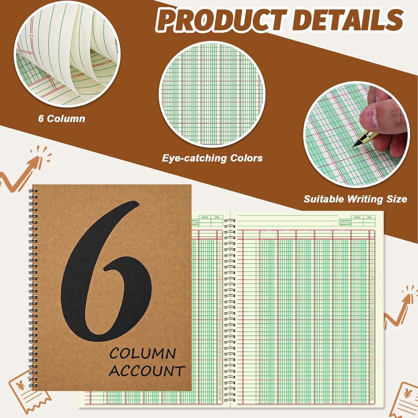 6 Column Ledger Book Columnar Pad Analysis Pad 6 Columns Accounting Logbook Columnar Pad Notebook Ledger Book Spiral 80g 100 Pages 8.5X11 Inch Accounting Notebook for Small Business Personal Use