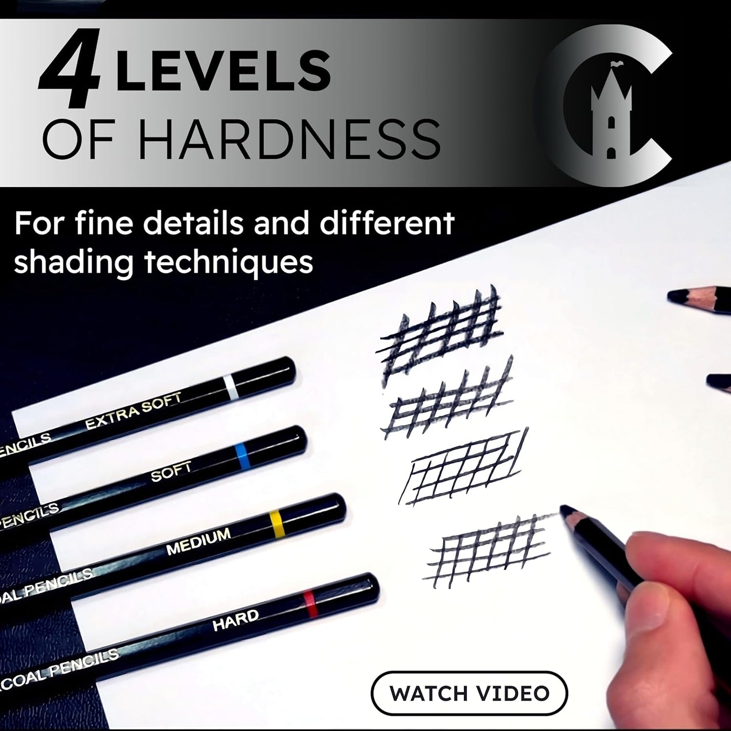 Charcoal Château - 24 Charcoal Pencils - Four Professional Hardness Levels - Perfect for Rich Shading, Sketching, Drawing & Art (24PCs)