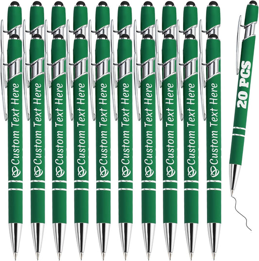 Personalized Pens Bulk 20 with Name Custom Engraving Ballpoint Pens with Stylus Tip Customized Smooth Writing Pens Personalized Gifts for Anniversary Birthday or Graduation(Dark Green,Black Ink)