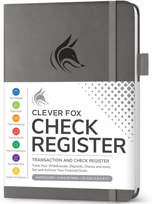 Clever Fox Check Register Book - Deluxe Transaction Register, Accounting Ledger Book, Checkbook Register & Checking Account Register Book for Personal and Work Use, A5 Hardcover - Gray