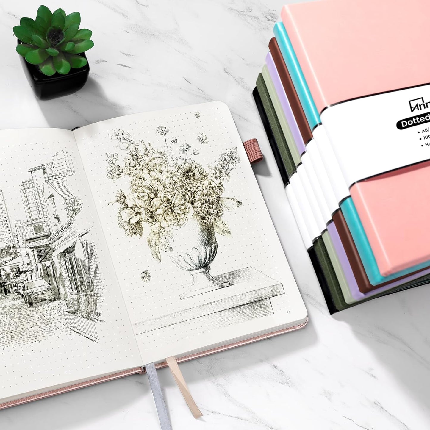 Annecy Numbered Bullet Dotted Journal Notebook, Medium 5.5x 8.25, 160 Pages 100GSM Writing Paper, A5 Turquoise Faux Leather Cover with Pen Loop