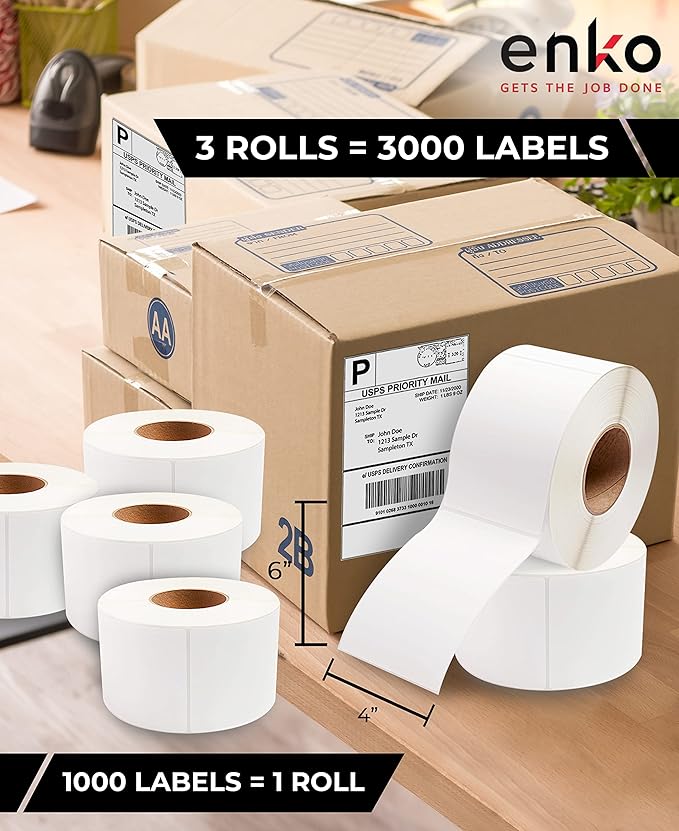 enKo 3 Rolls 4" x 6" Direct Thermal 3000 Labels 3" Core - Address & Shipping Labels Compatible for Industrial Printer Zebra 220Xi4 ZT200 ZT400 ZT510 ZT600 Datamax NATO Intermec