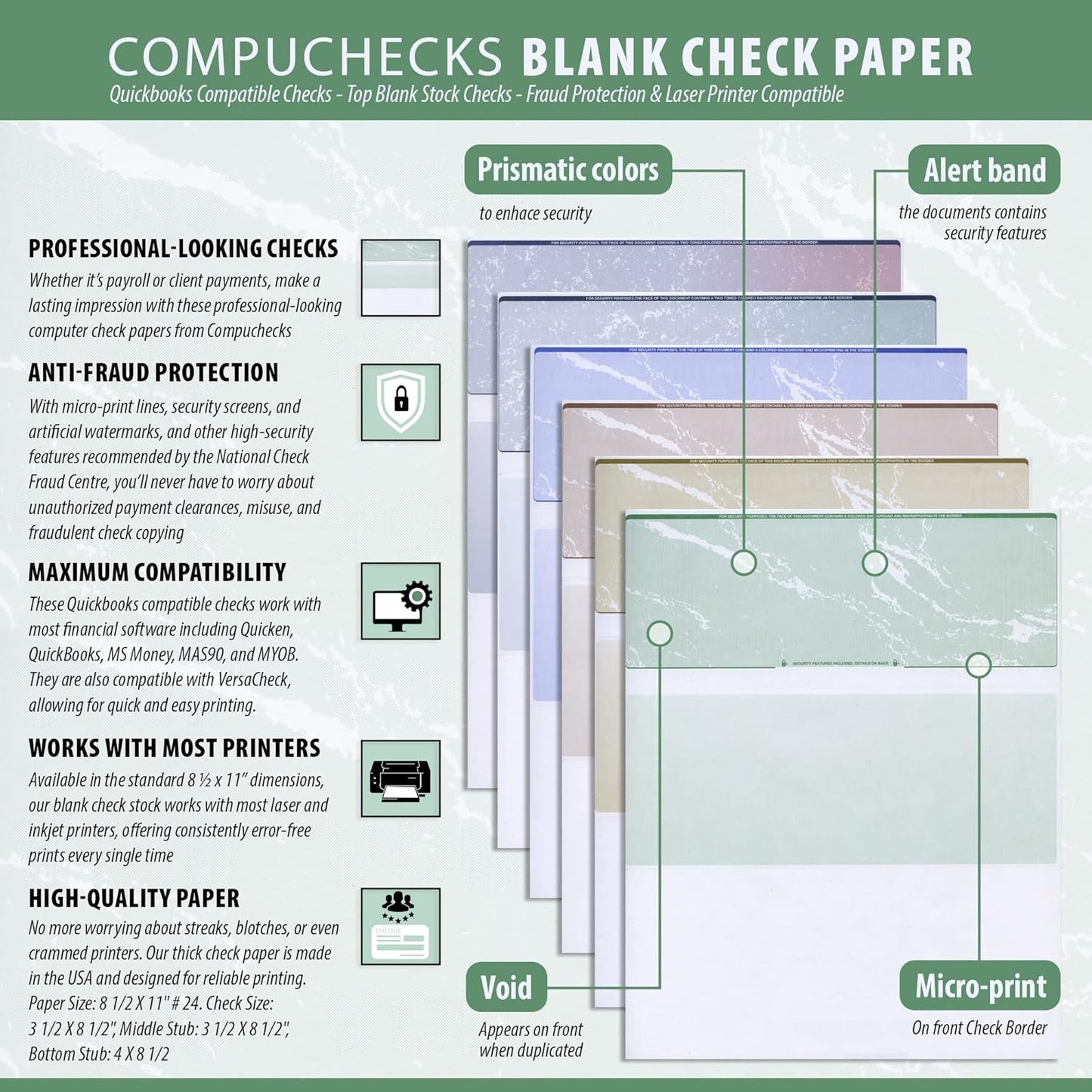 Compuchecks Check on Top Blank Check Paper - 2500 Pack, Quick-Books & Laser Printer Compatible - Security Business Checks with Voucher - 8.5" x 11" Blue/Green Prismatic