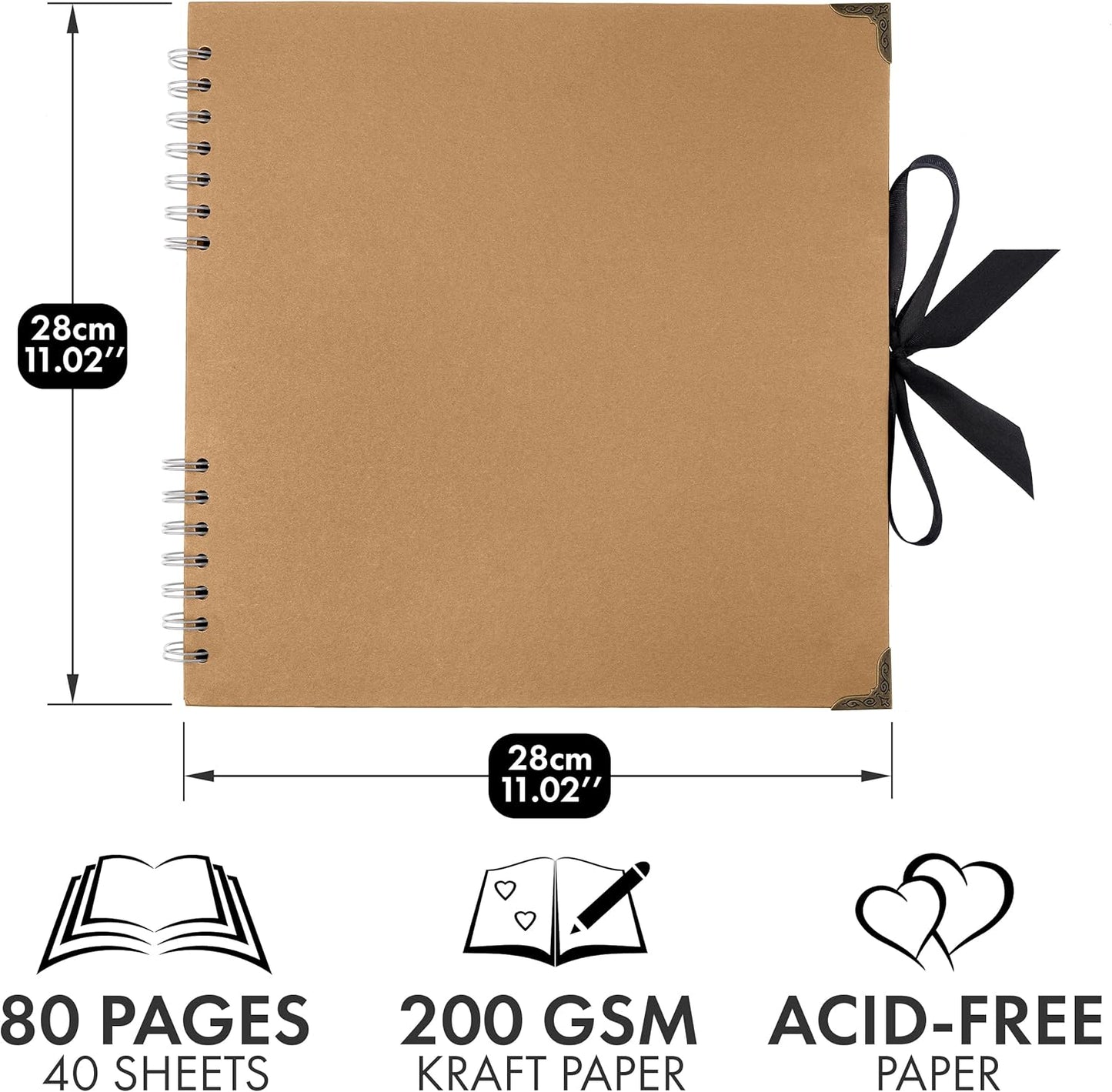 Bstorify Large Scrapbook, 11 x 11 inch, 40 Sheets (80 Pages) Brown Thick 200 GSM Kraft Paper, Memory Book, Ribbon Closure - Ideal for Your Scrapbooking, Art & Craft Projects