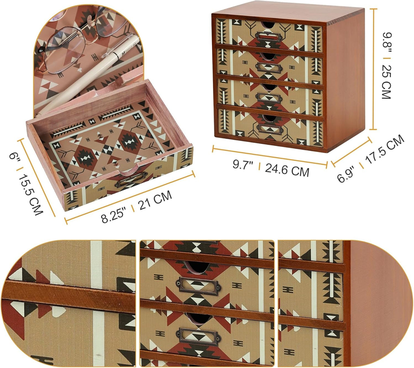 Boho Navajo Wooden Desk Organizer with Drawers – 4-Drawer Desktop Storage Box – Rustic Tribal Wood Desk Organizer for Office, Vanity, or Craft Supplies – Compact & Stylish Wooden Storage Drawers