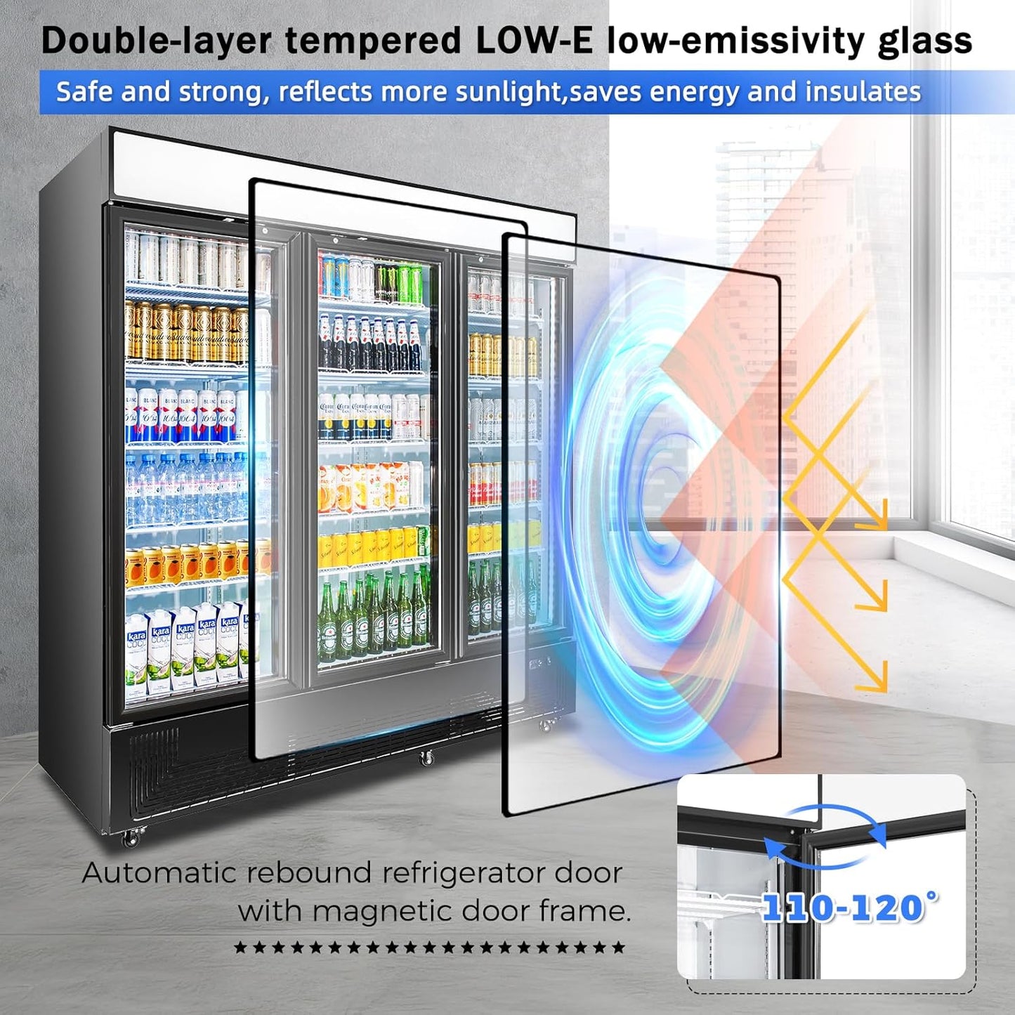 Commercial Beverage Refrigerator with 3 Glass Doors 56 Cu.ft Display Merchandiser Cooler Bar Black Drink Fridge for Convenience Stores, Supermarkets,Bars,Offices