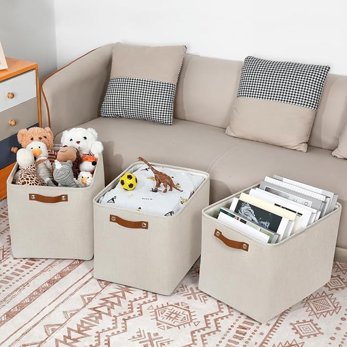 DULLEMELO Large Storage Baskets, Fabric Storage Bins for Organizing Clothes, Large Storage Bins with Handles for Shelves Closet Organizers, Fabric Storage Baskets for Toy Organizers(Beige)